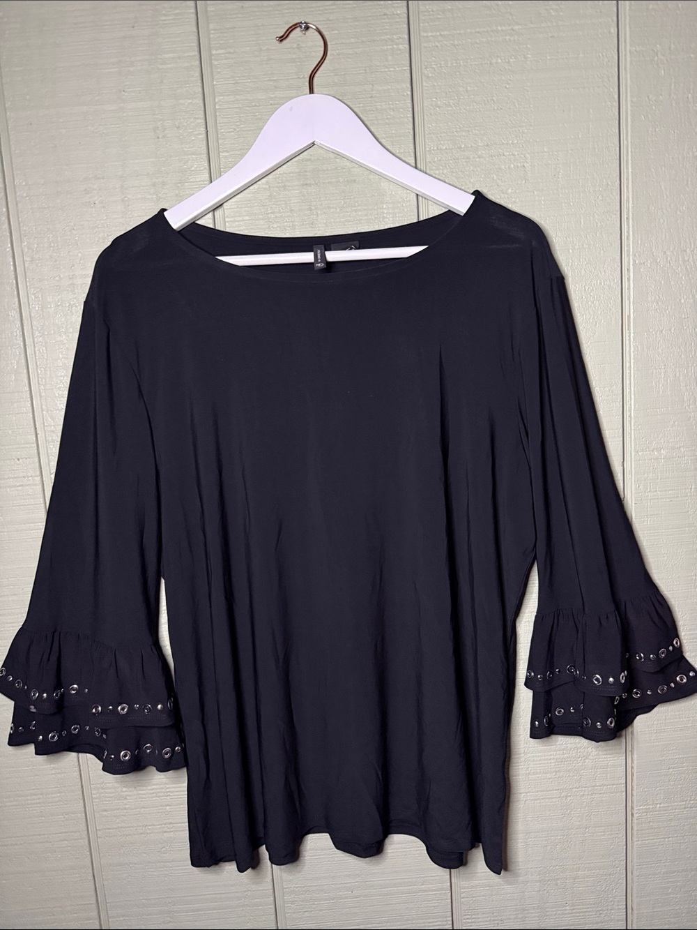 new directions Black Bell Sleeve Eyelet Trim Long Sleeve Top